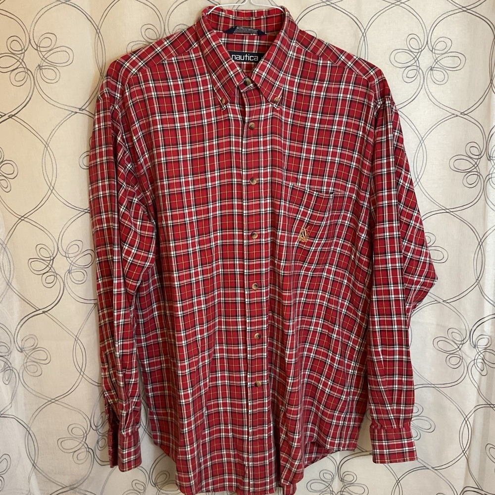 Nautica Mens Long Sleeve‎ Classic Red Blue Plaid Button Up Shirt Red Size Large